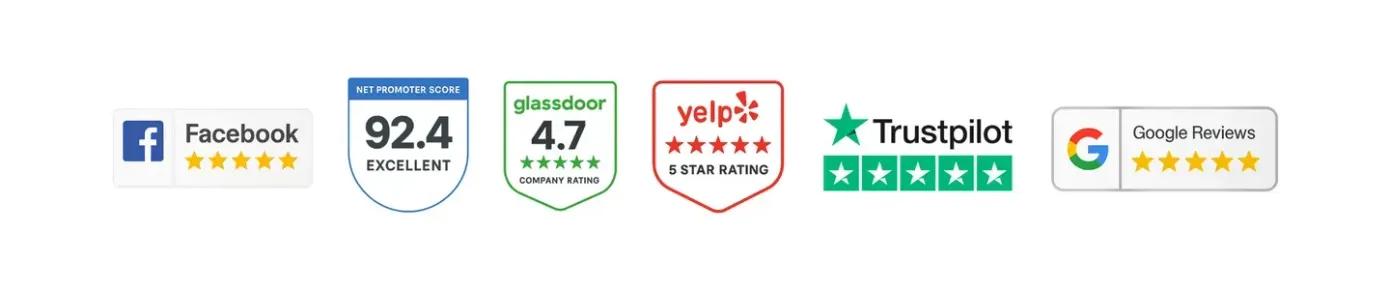 Logos for Facebook, Trustpilot, and Google, plus third-party review ratings.