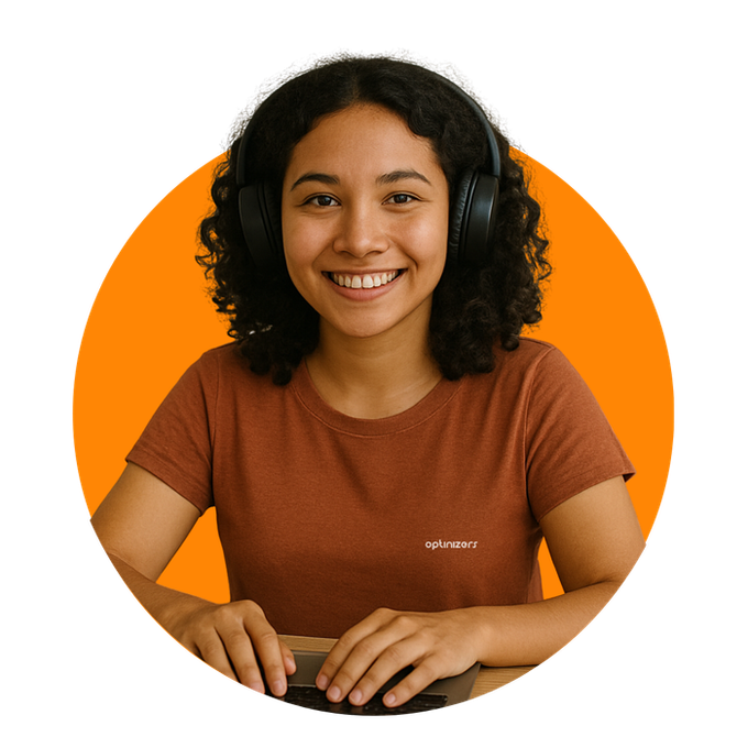 Woman wearing headphones, smiling at the camera, inside an orange circle.