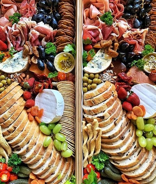 Two rectangular charcuterie boards: meats, cheeses, crackers, fruits, olives, pickles, and nuts  — Darwin Catering Company in Brinkin, NT
