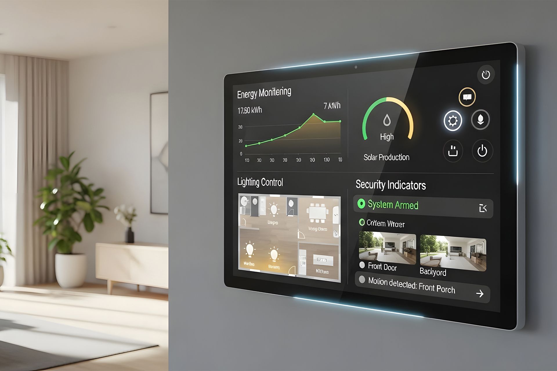 Smart home control panel on wall, showing lighting, security, & energy dashboards in modern living room.