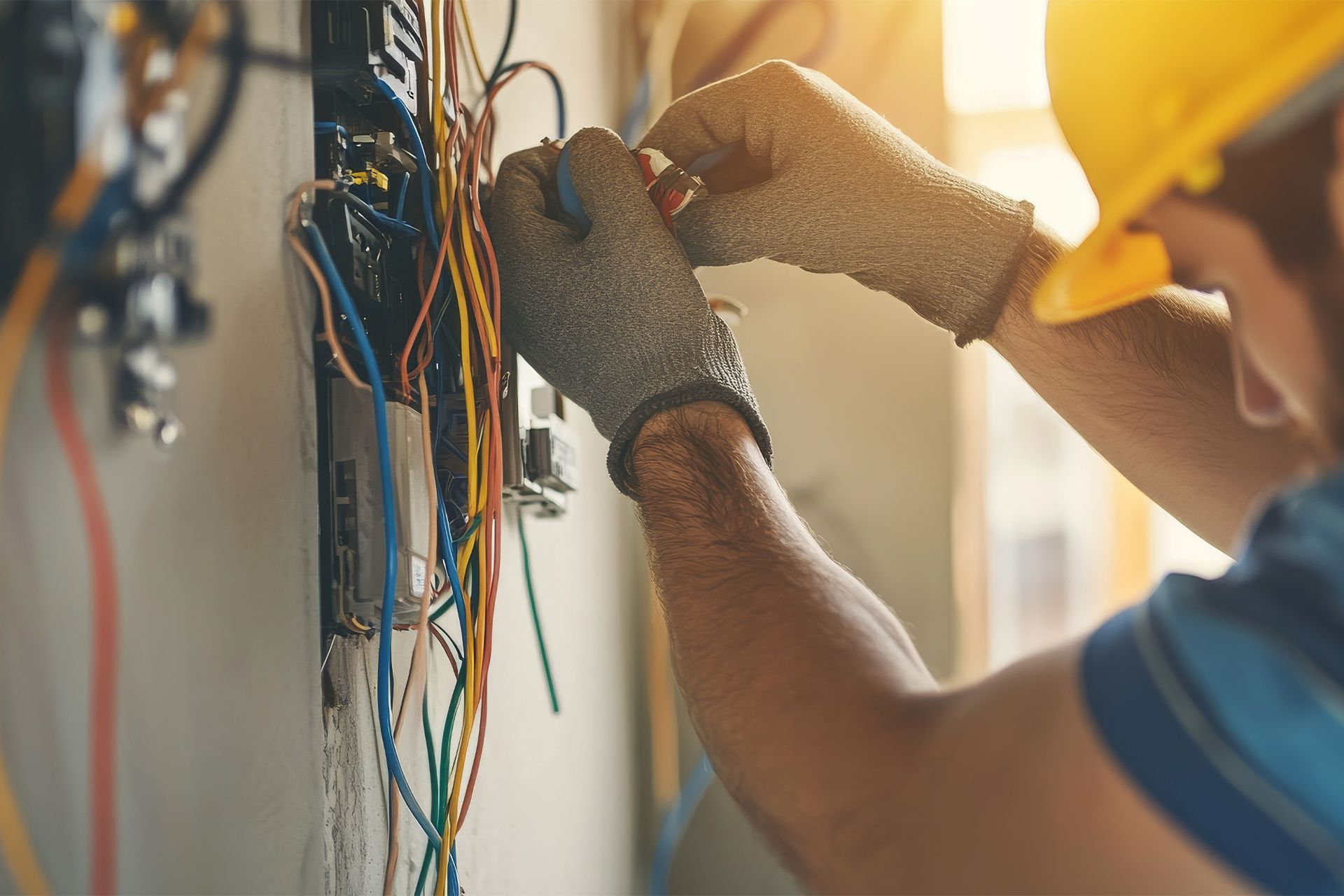 Electrician in a hard hat and gloves working on electrical wiring.