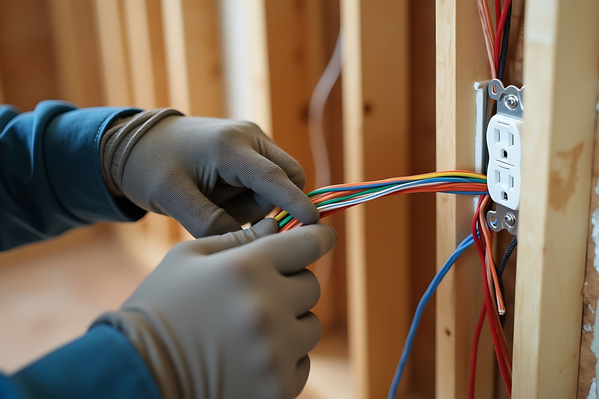 Person wiring electrical outlet; hands wearing gloves, various colored wires.
