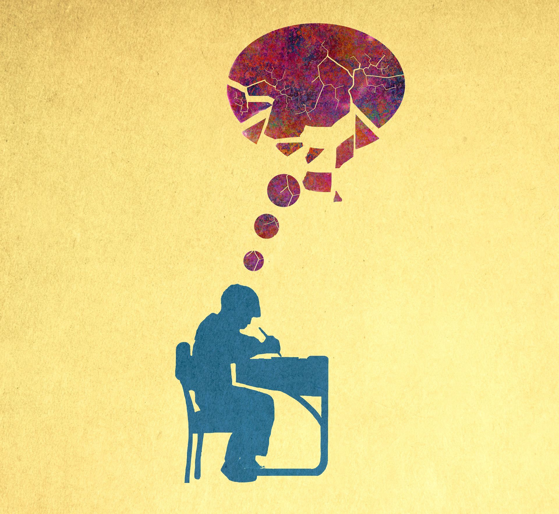 Sagoma di una persona alla scrivania, che pensa. La bolla di pensiero a forma di cervello è frantumata.