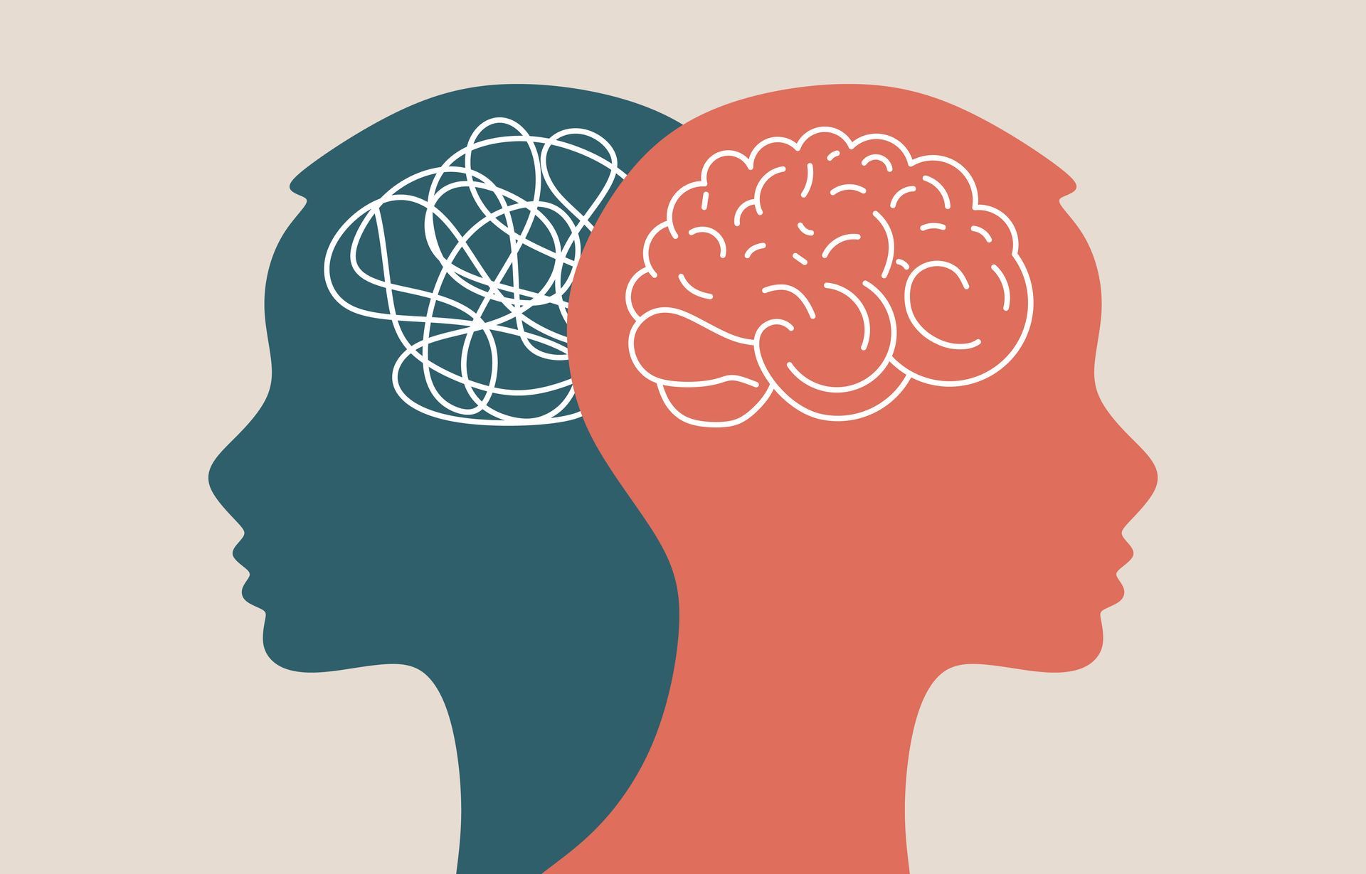 Due teste in silhouette: una blu con linee intrecciate, una arancione con un cervello, che rappresentano la salute mentale.