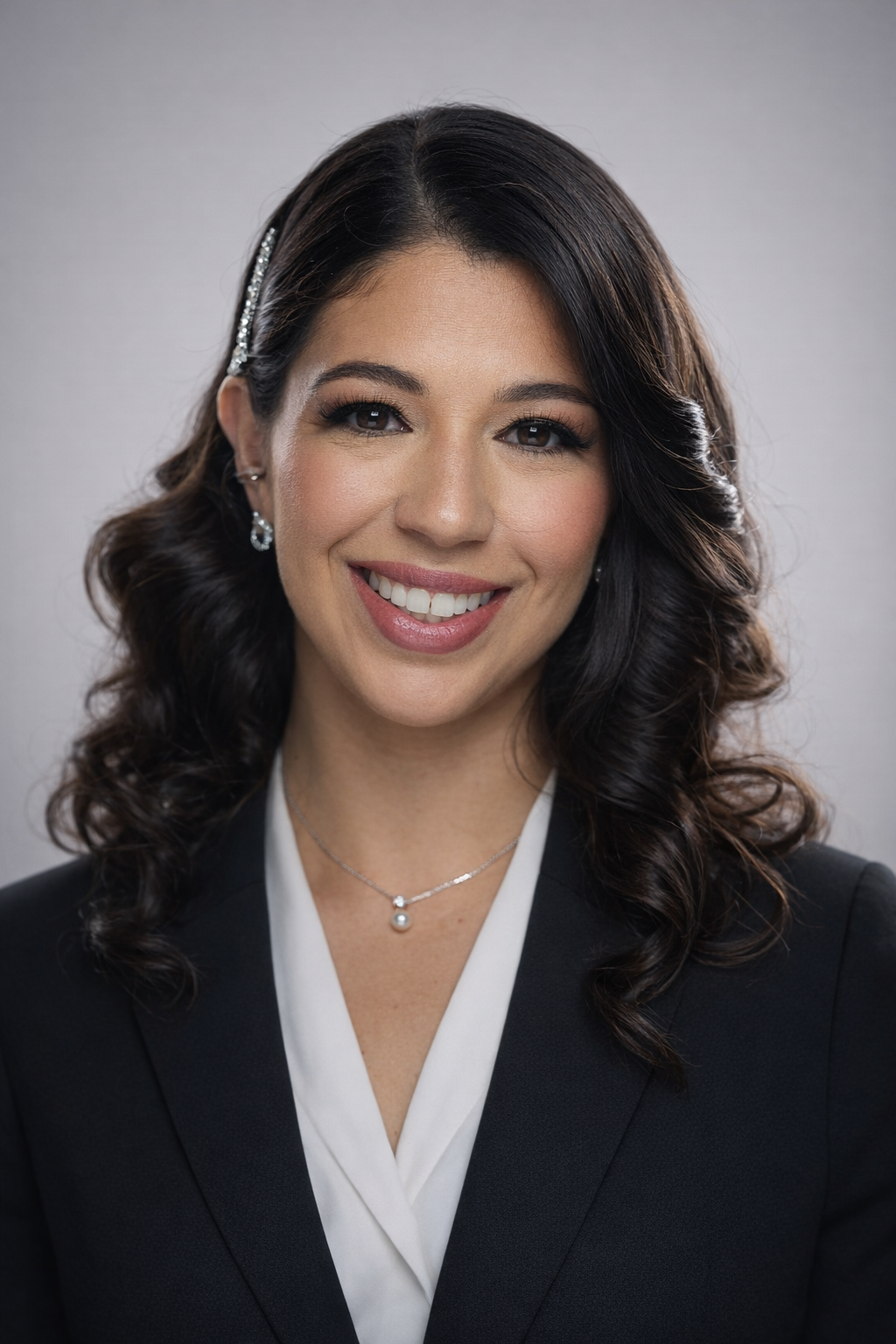Professional headshot of a smiling person in a dark blazer and white blouse on a gray background