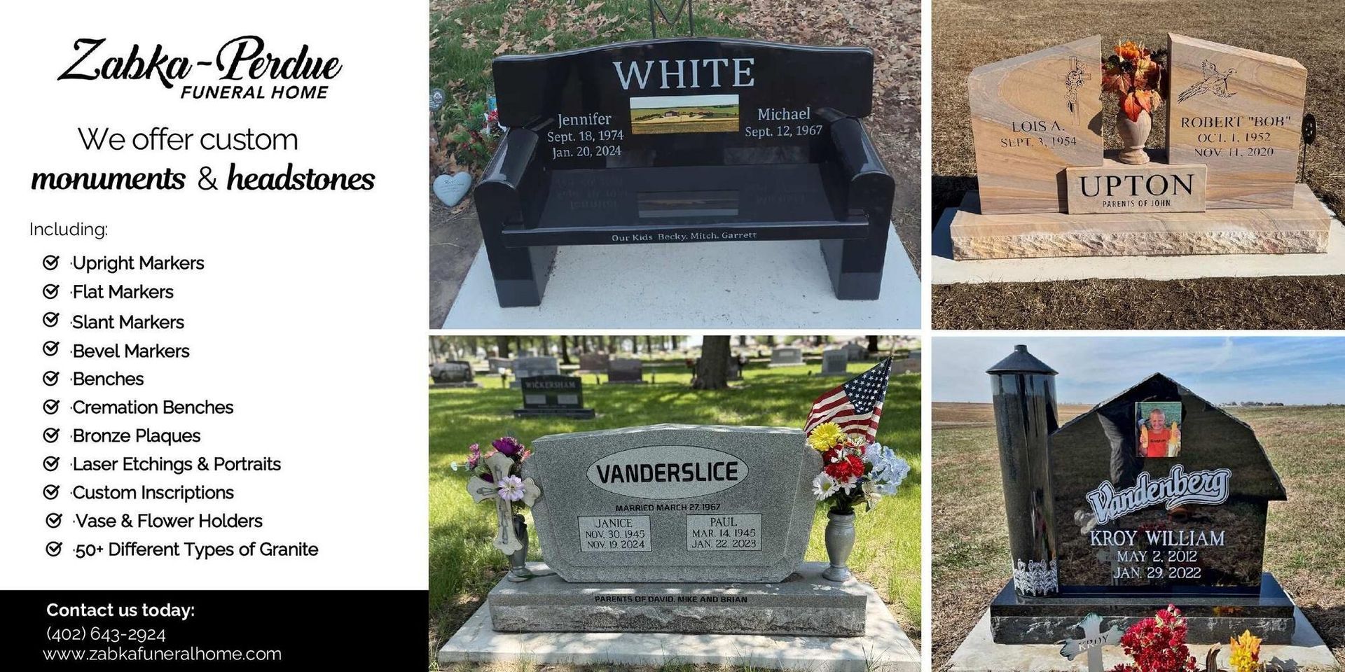 Zabka Purdue Funeral Home ad showcasing custom monuments and headstones of various styles.