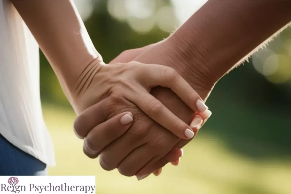 A close-up of two people holding hands tightly.