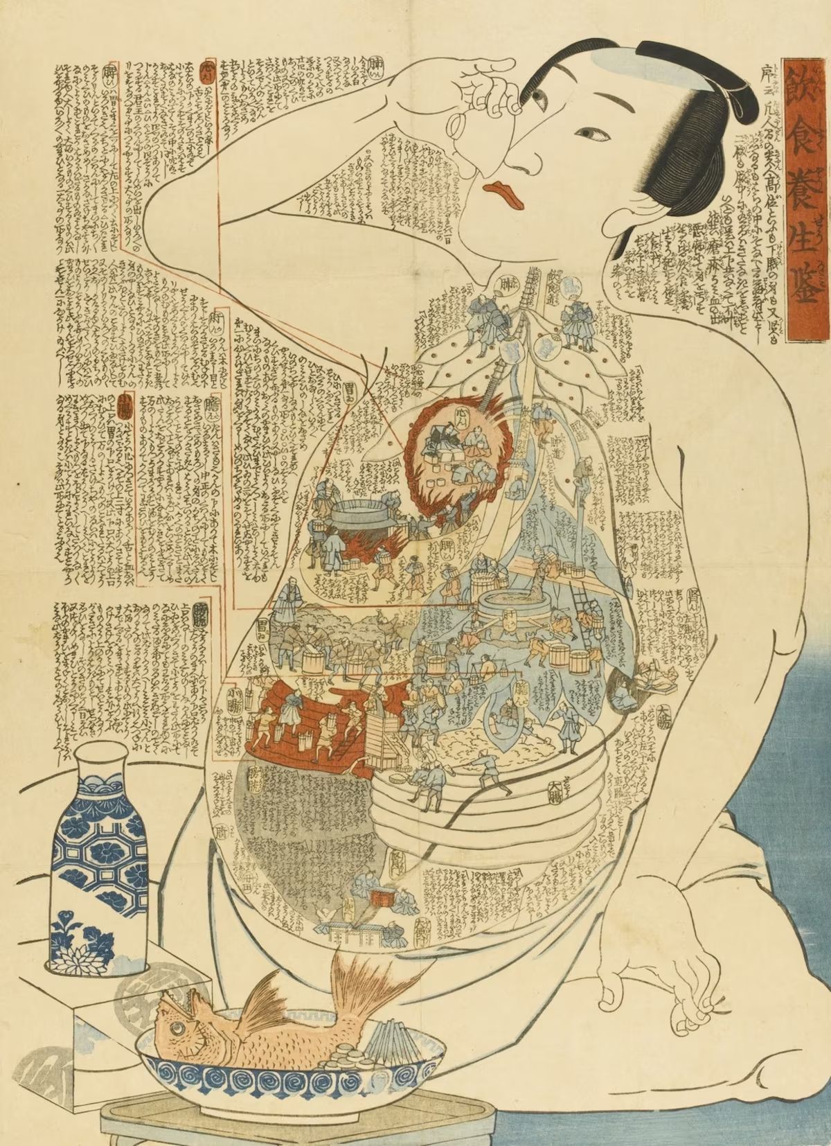 Man drinking with visible tattoos, fish on plate, bottle beside him. Japanese print.