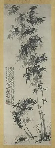 It is a black and white painting of a bamboo tree.