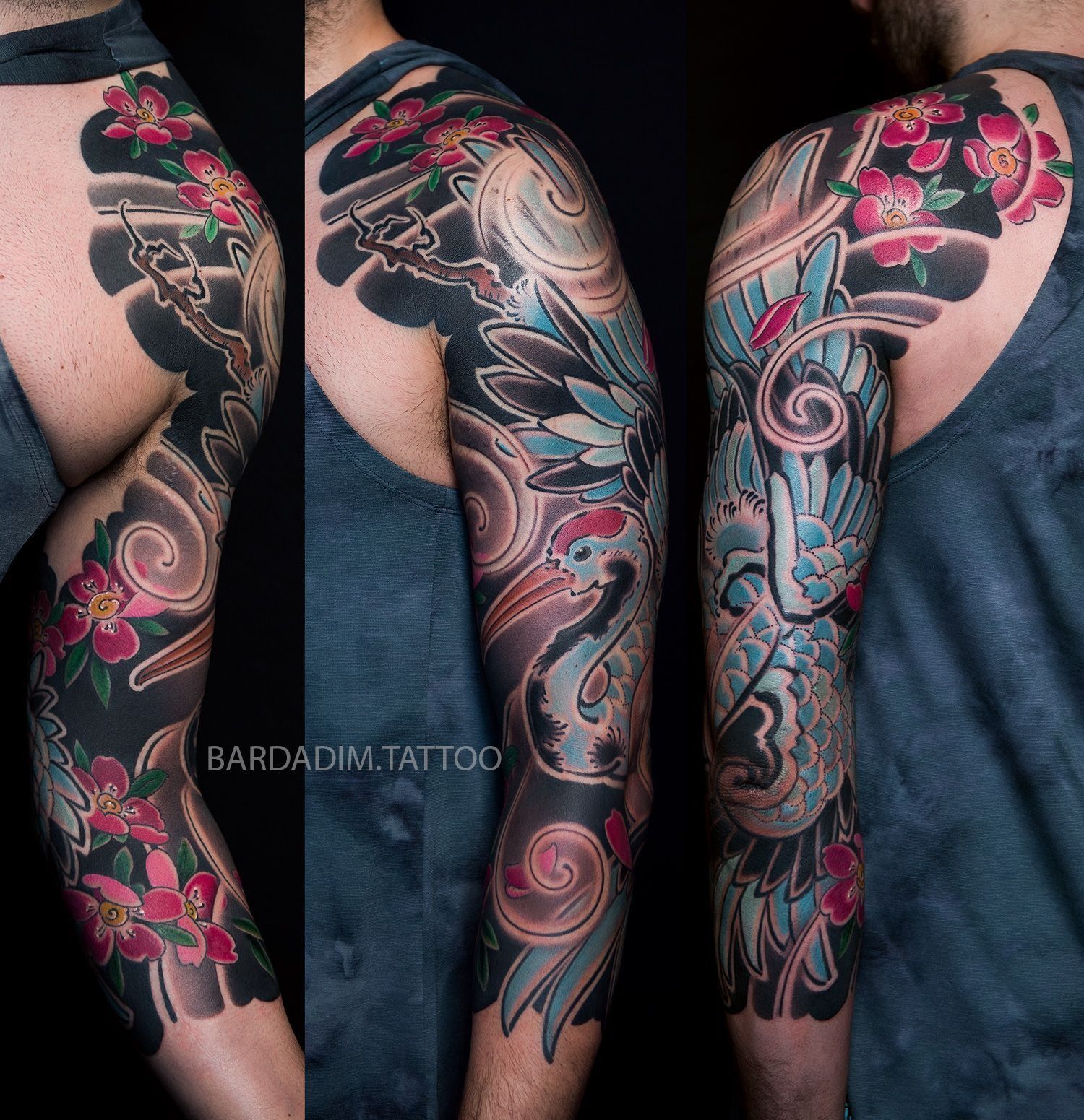 A man has a tattoo on his arm and shoulder.