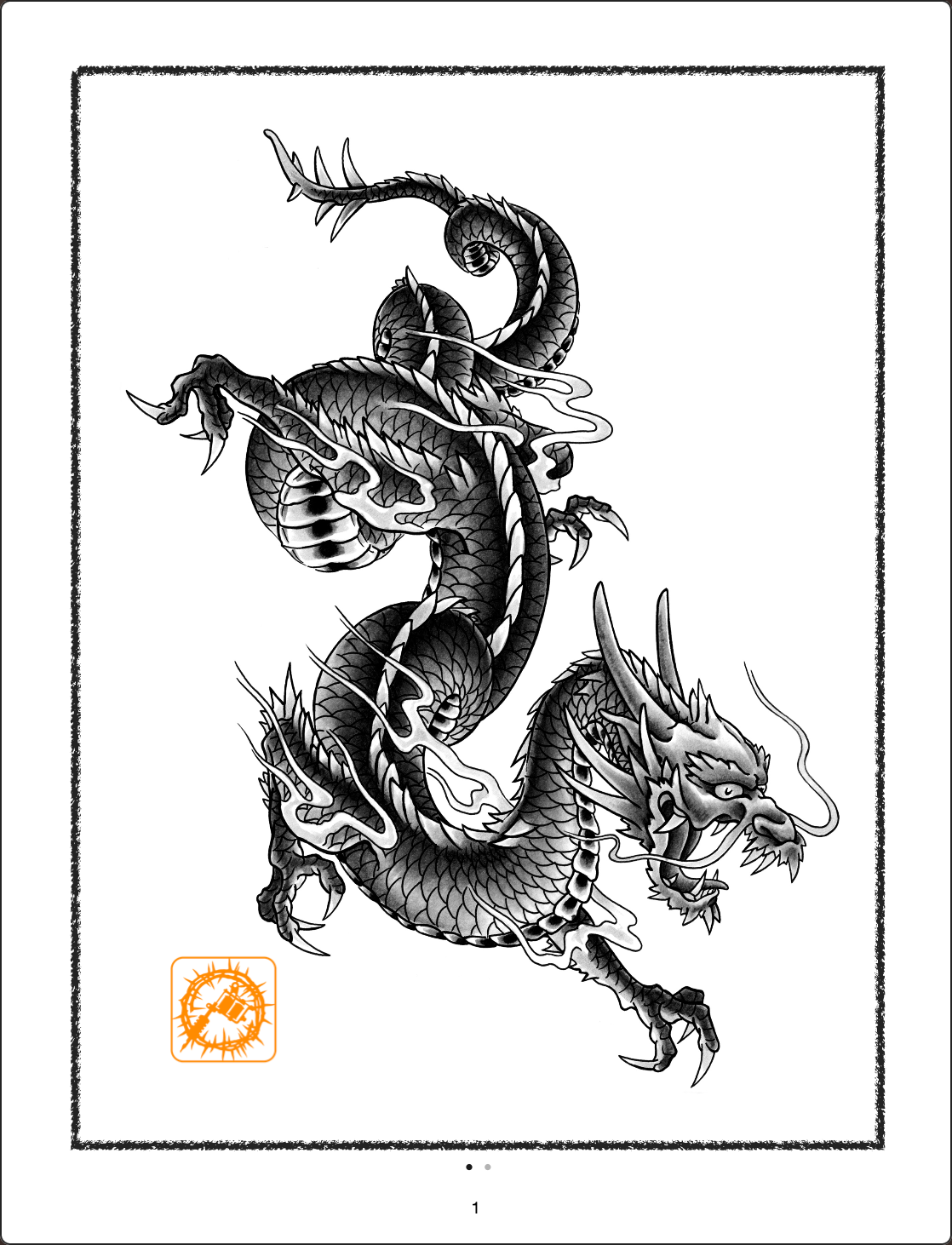 Black and white illustration of a dragon coiled on white background. Detailed scales and features. Bardadim Tattoo ebook.