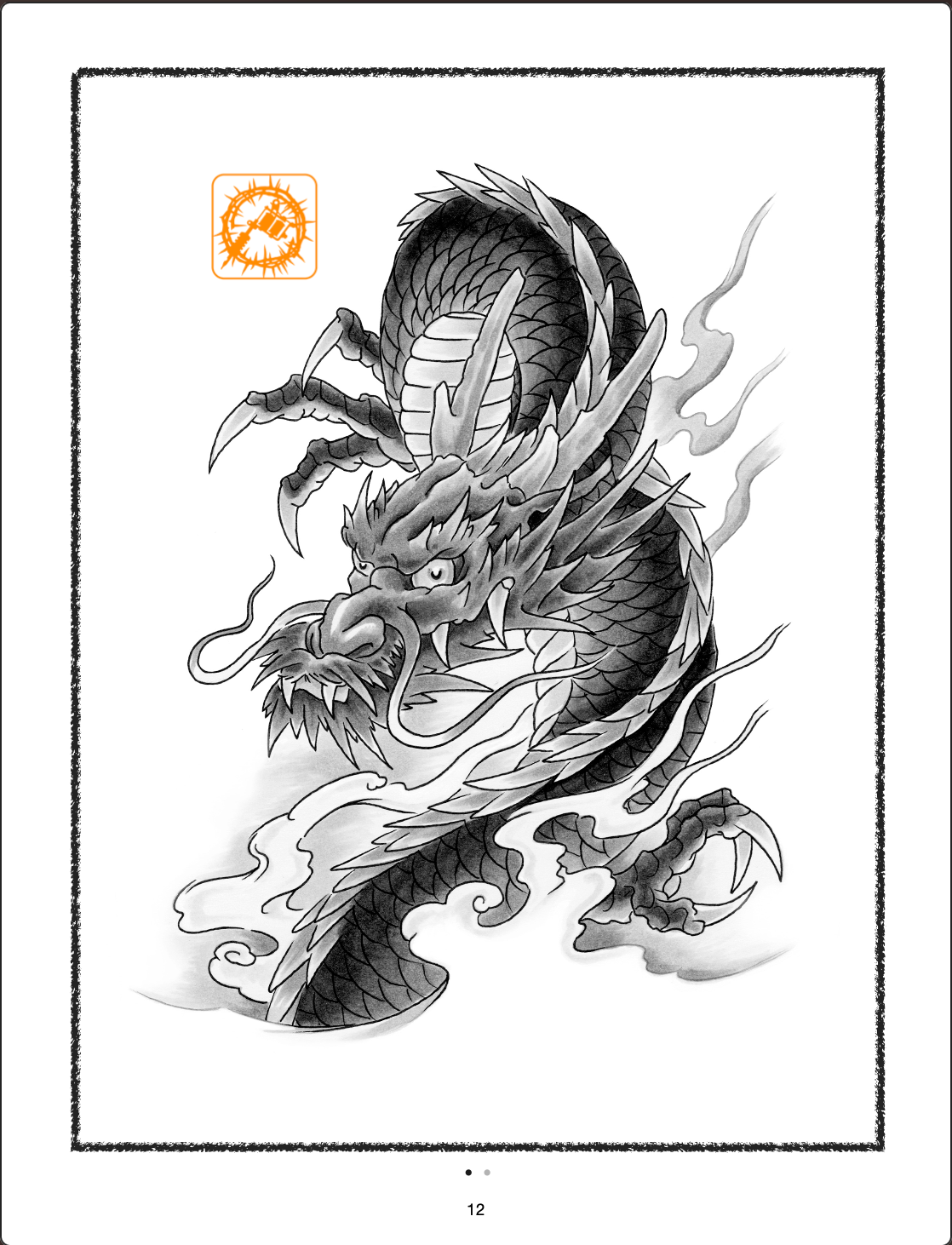 Dragon illustration, black ink, curled body, detailed scales and claws, fire-like wisps around it, orange stamp. Bardadim tattoo ebook.