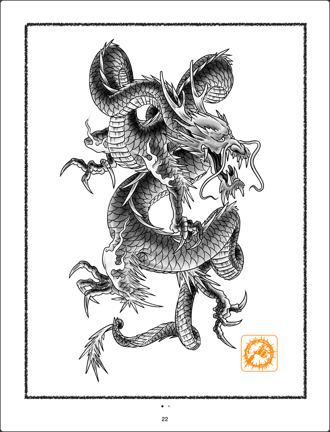 A detailed black and white illustration of a Japanese dragon with sharp claws and open mouth. Bardadim Tattoo Studio.