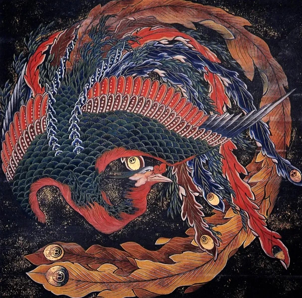 A painting of a dragon surrounded by leaves on a black background