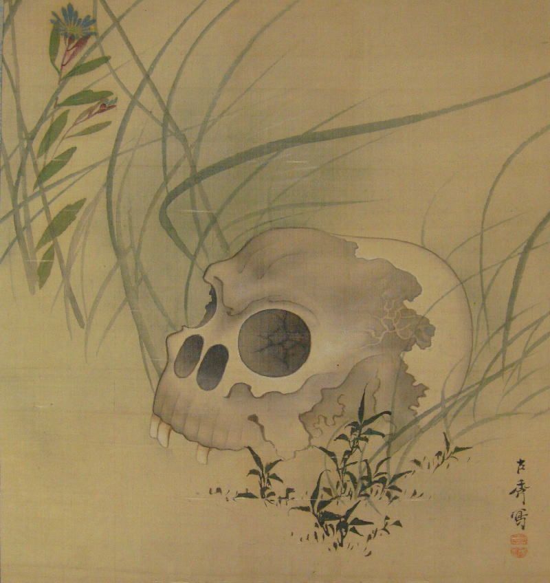 A painting of a skull in the grass