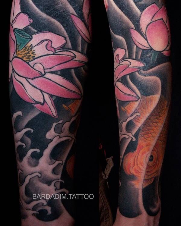 A tattoo of a lotus flower and a fish on a person 's leg