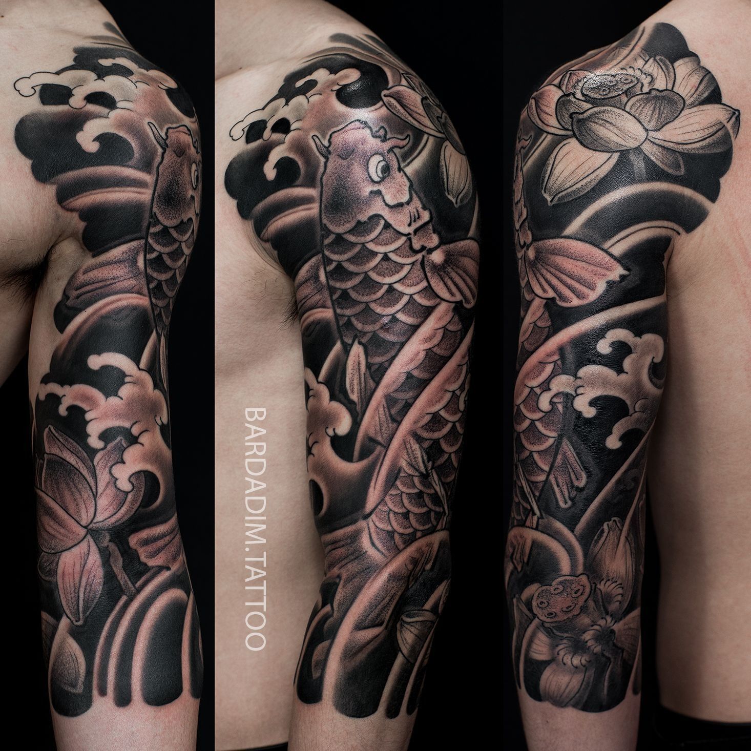 Japanese 3/4 arm sleeve tattoo featuring koi and lotus flowers in flowing water composition by Bardadim Tattoo Studio