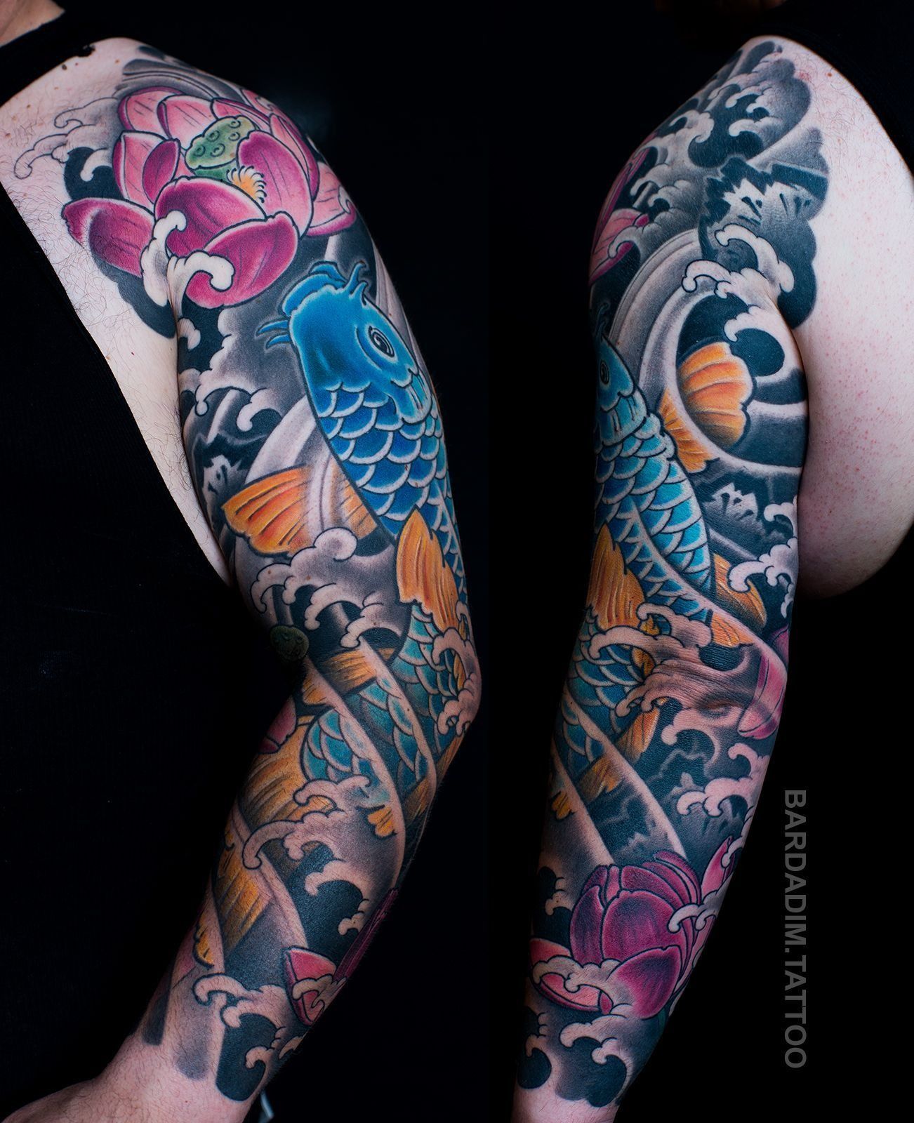 A man has a tattoo of a fish and flowers on his arm.