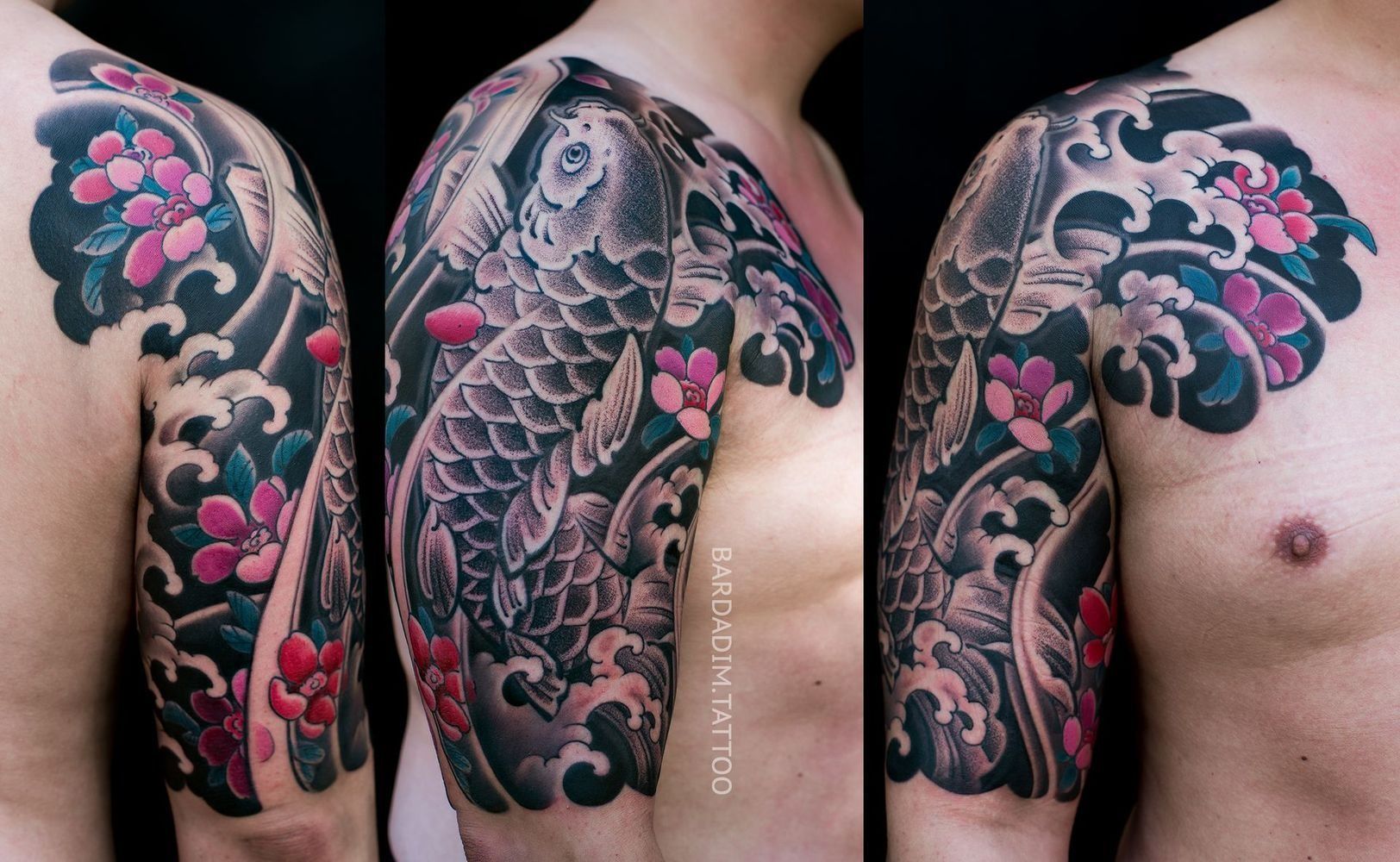 Tattoo of a koi fish, cherry blossoms, and waves on a person's arm. Features black, grey, pink, and blue ink.