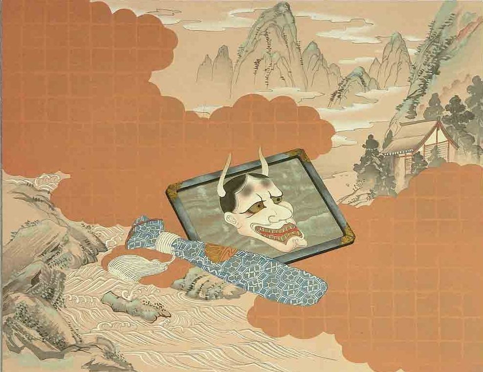 A painting of a devil with horns is in a frame