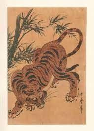 A painting of a tiger standing next to a bamboo tree.
