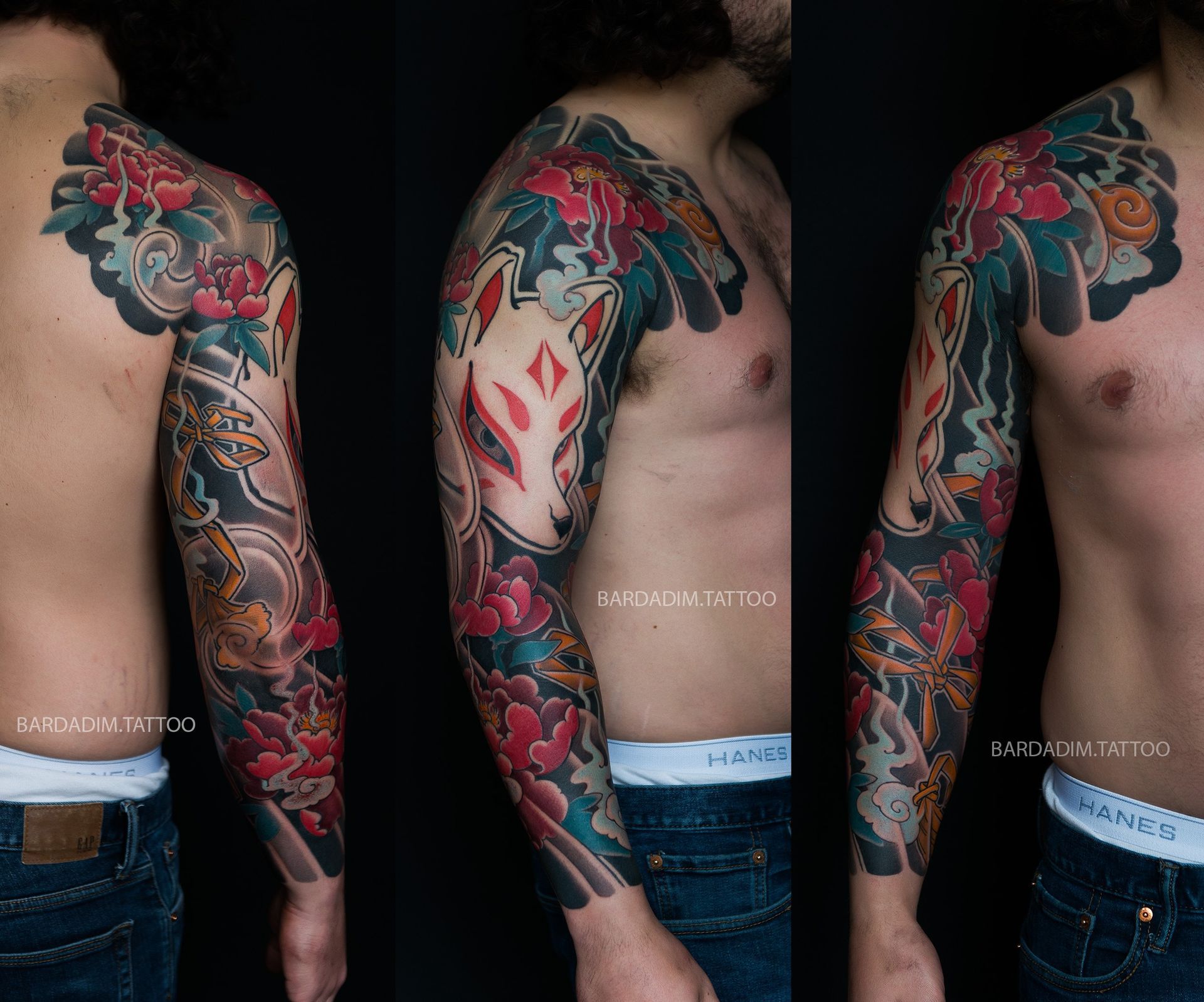Japanese kitsune mask and peony flowers full sleeve tattoo, traditional irezumi composition on male arm
