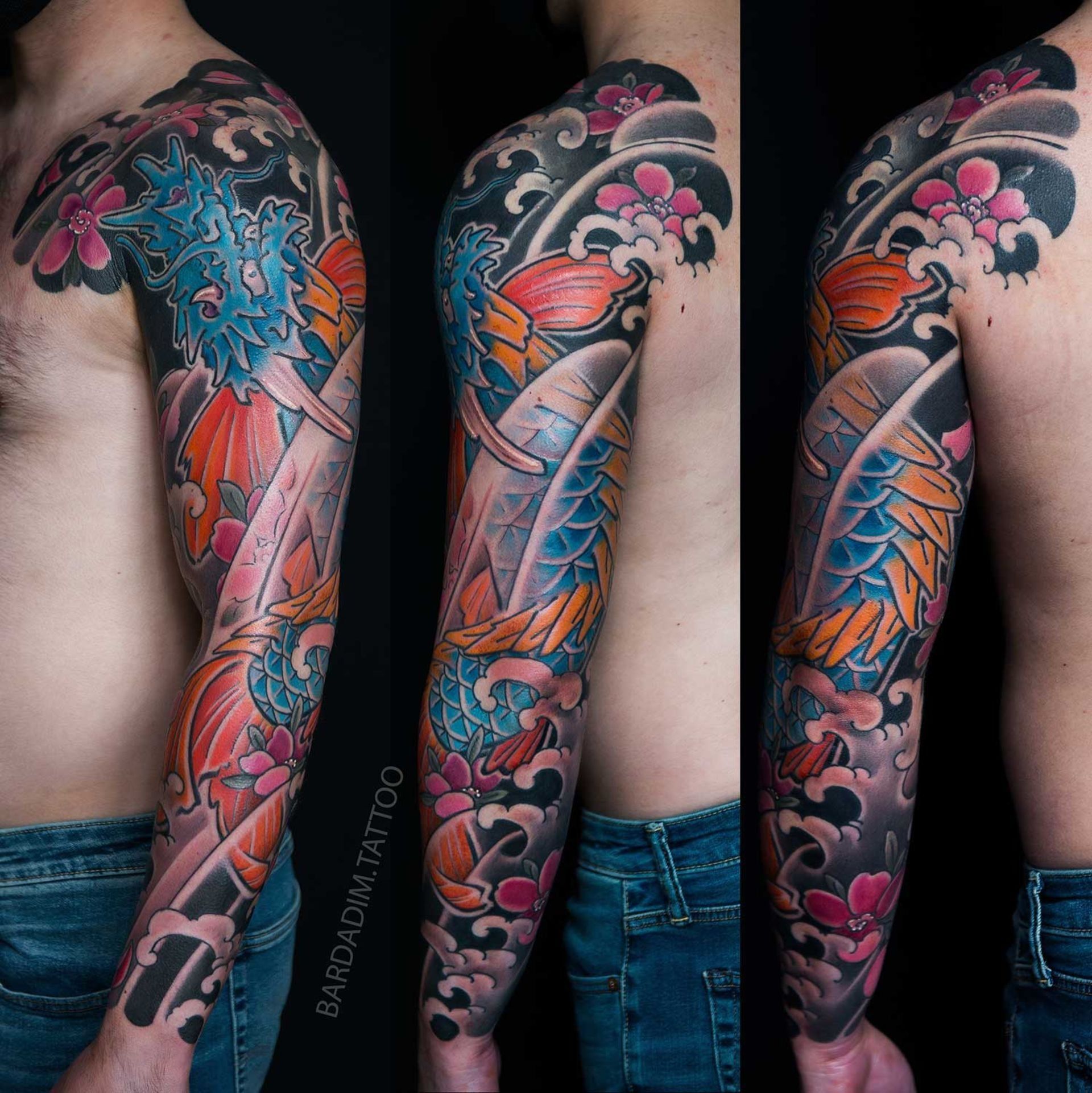 A man has a colorful tattoo on his arm and shoulder.