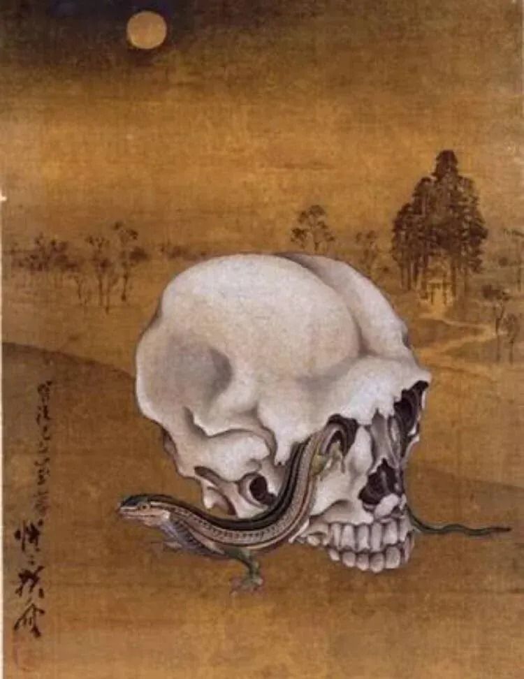 A painting of a skull with a lizard sticking out of it 's mouth.