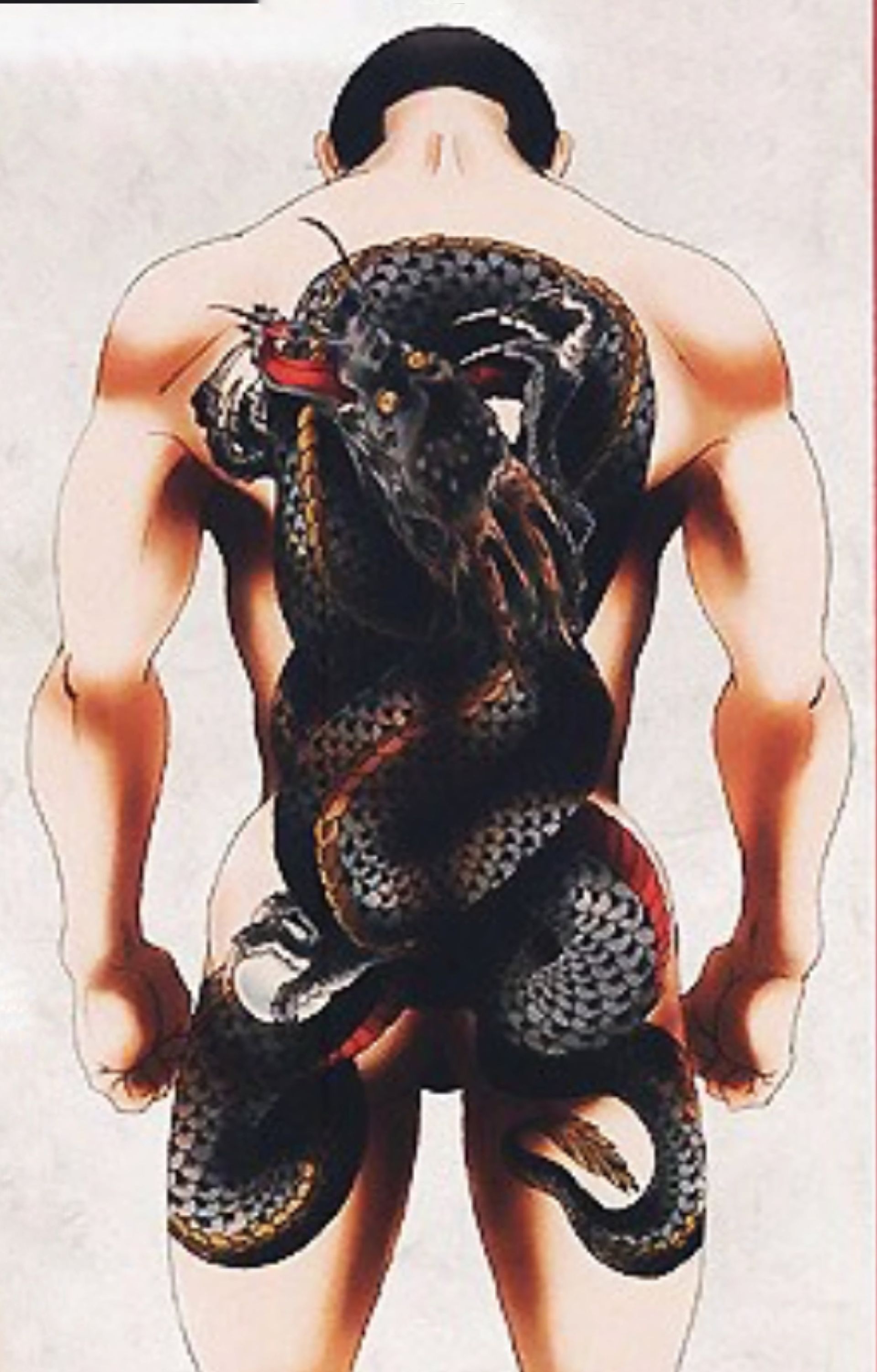 Man's back with black dragon tattoo; detailed scales, red accents. Tattoo covers entire back and buttocks.