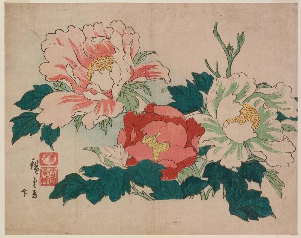 A painting of pink and white flowers with green leaves