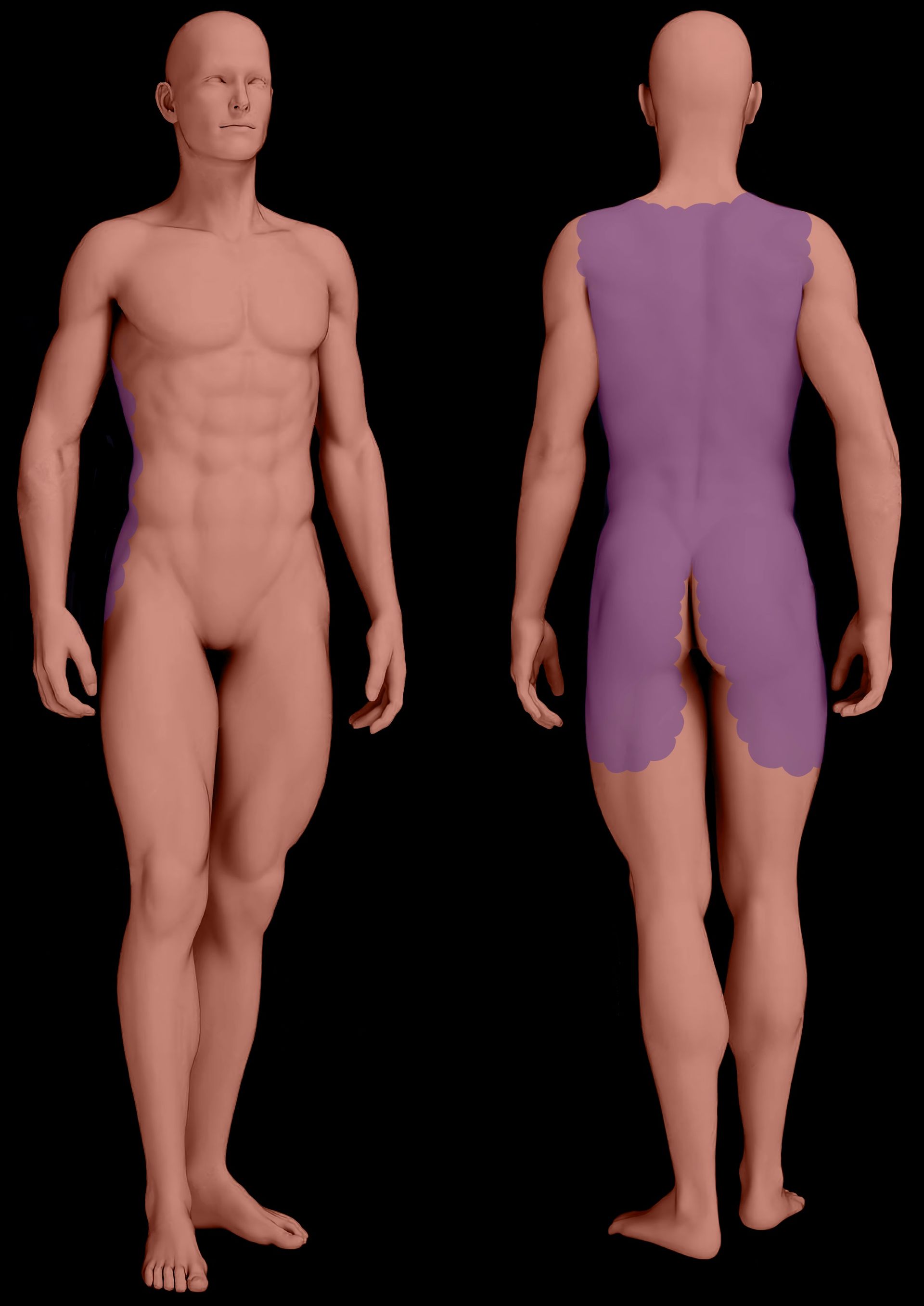 Front and back view of a human body, showing Se-wari, Full Back irezumi tattoo