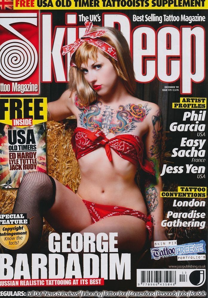 A woman in a red bikini is on the cover of a magazine called skin deep