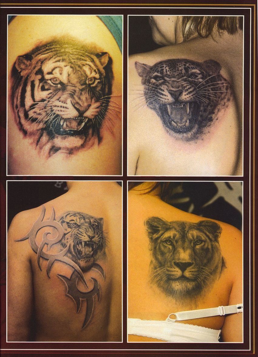 Four pictures of a woman with a tattoo of a lion on her back