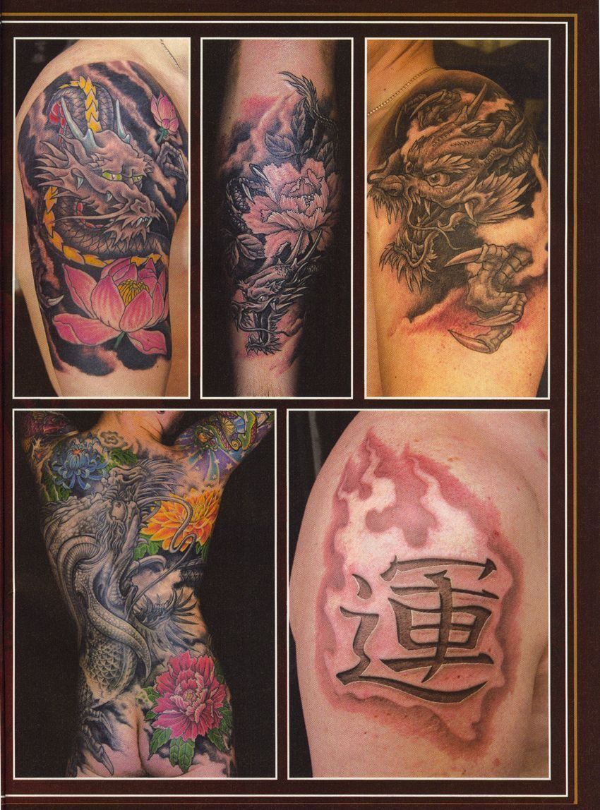 A collage of tattoos with chinese symbols on them