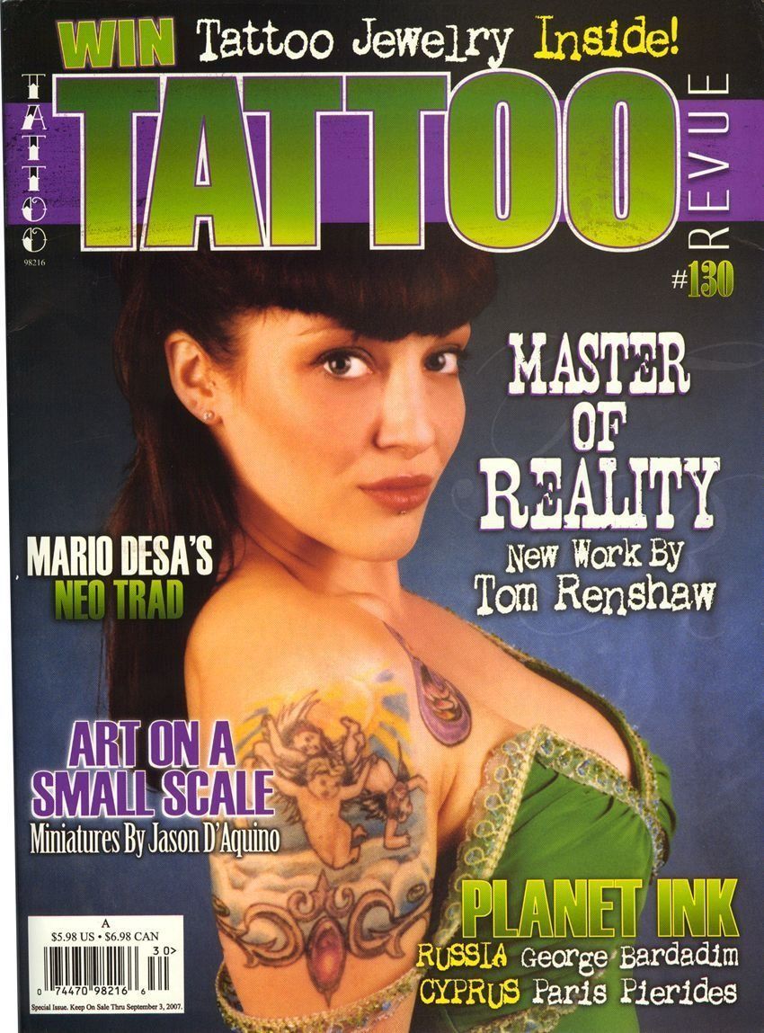 A magazine called tattoo revue with a woman on the cover