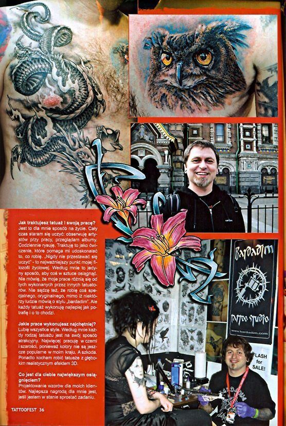 A man is getting a tattoo of an owl on his chest.