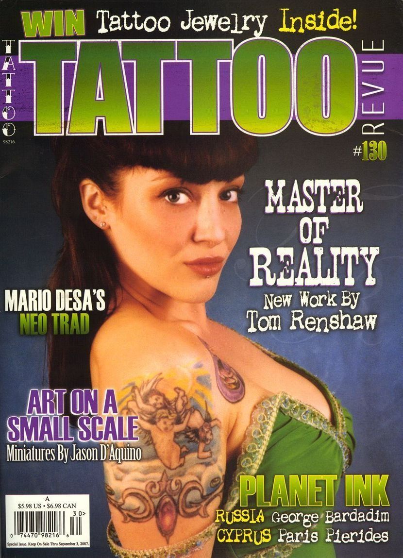 A magazine called tattoo revue with a woman on the cover