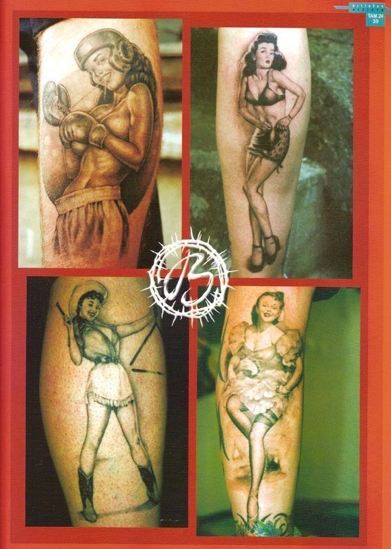 A collage of four tattoos of women with the letter b on the bottom right