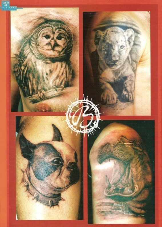 A collage of four tattoos including an owl a lion a dog and a horse