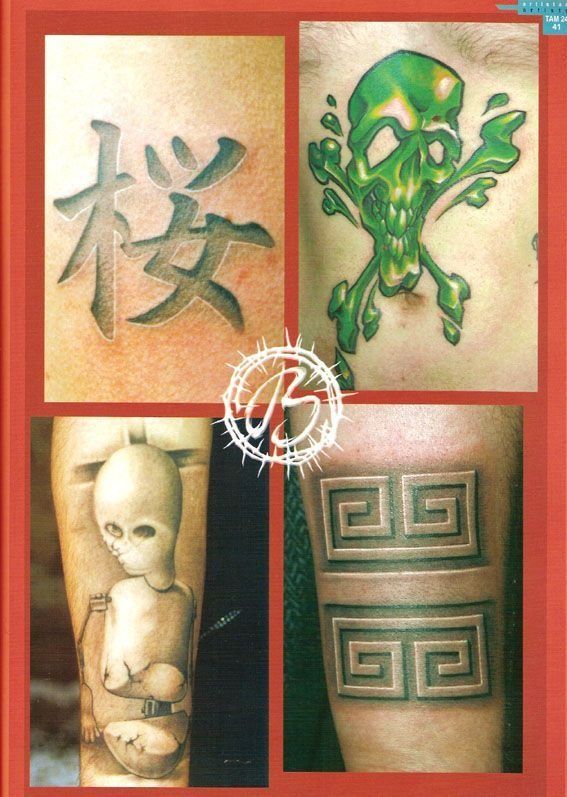A collage of tattoos including a green skull