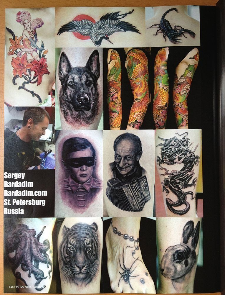 A book is open to a page with many tattoos on it