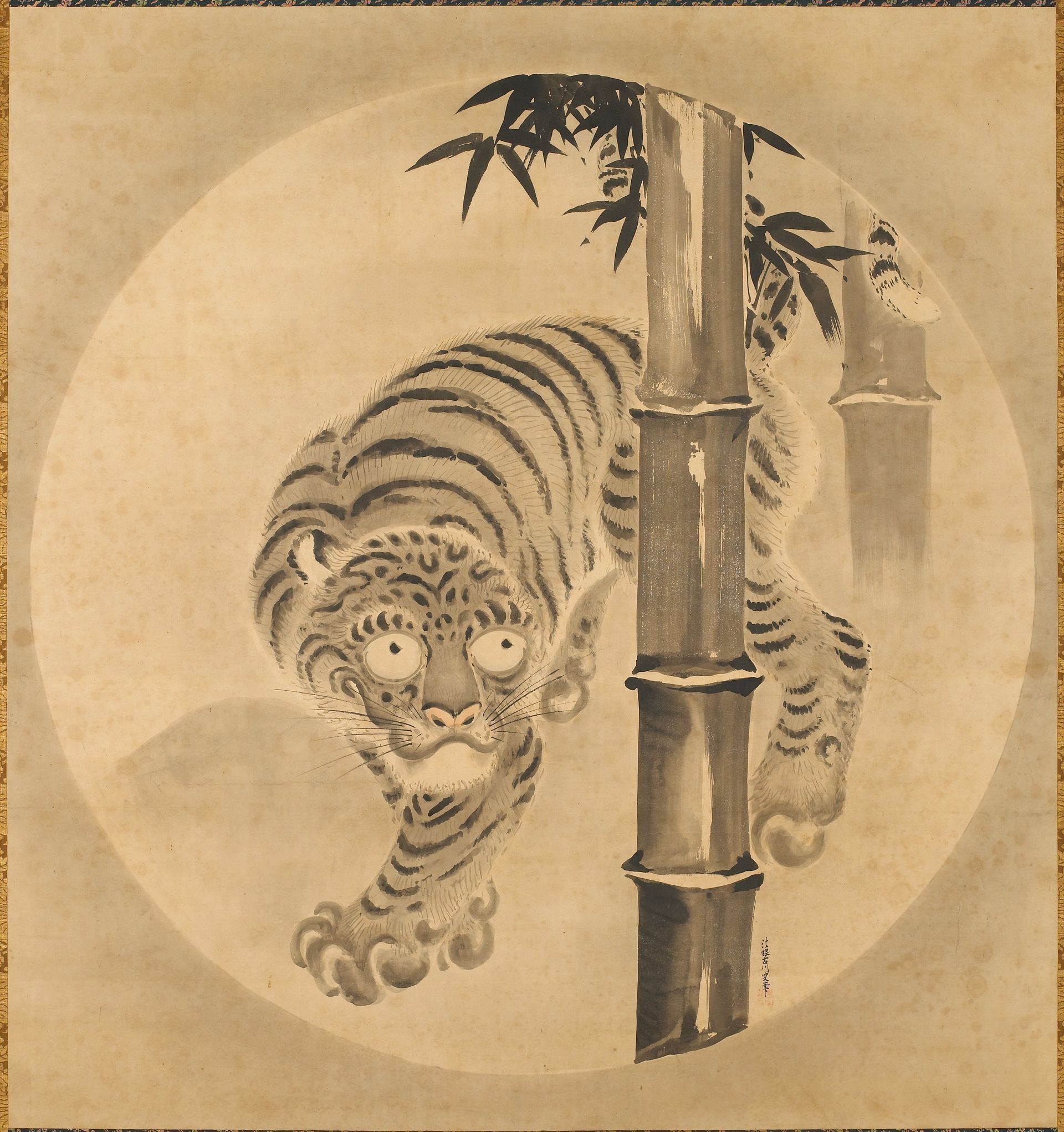 A painting of a tiger standing next to a bamboo tree