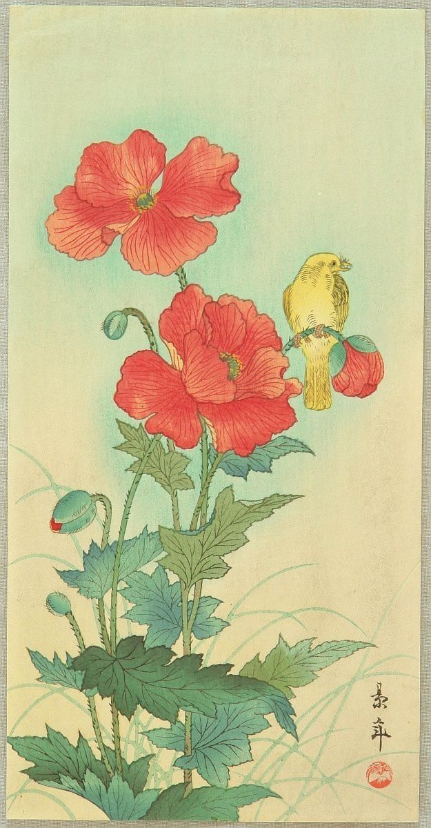 A painting of red flowers and a yellow bird