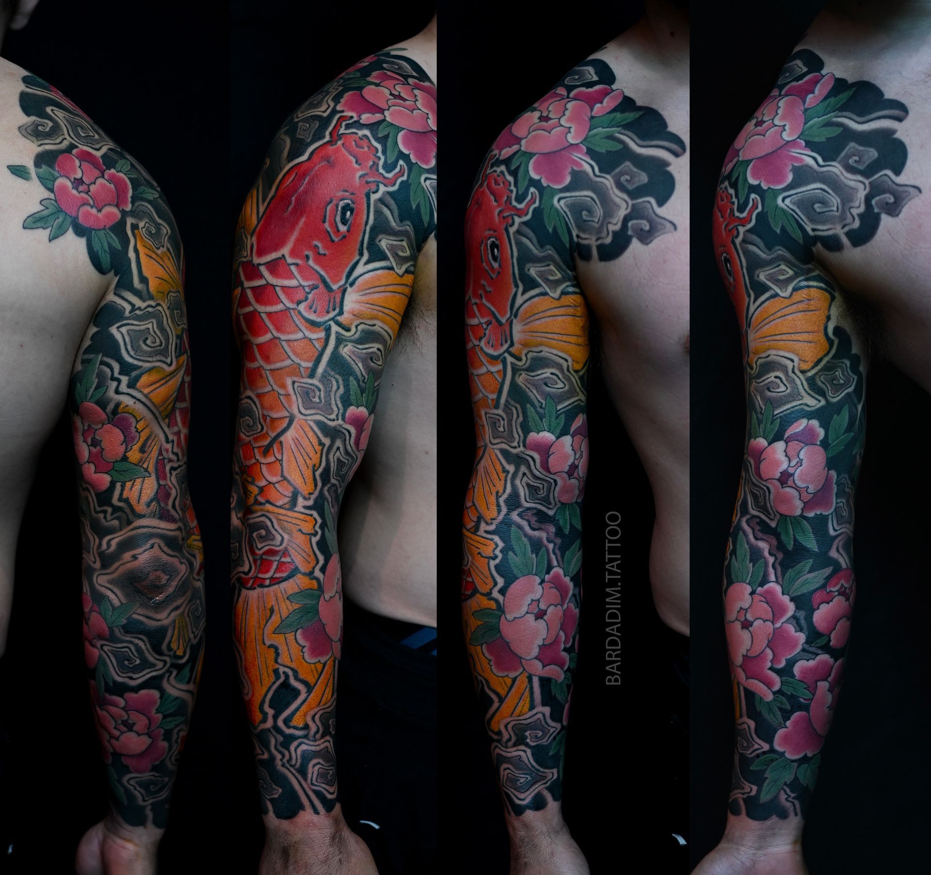 Koi fish tattoo sleeve with red, orange, and yellow fish, pink flowers, and dark clouds.