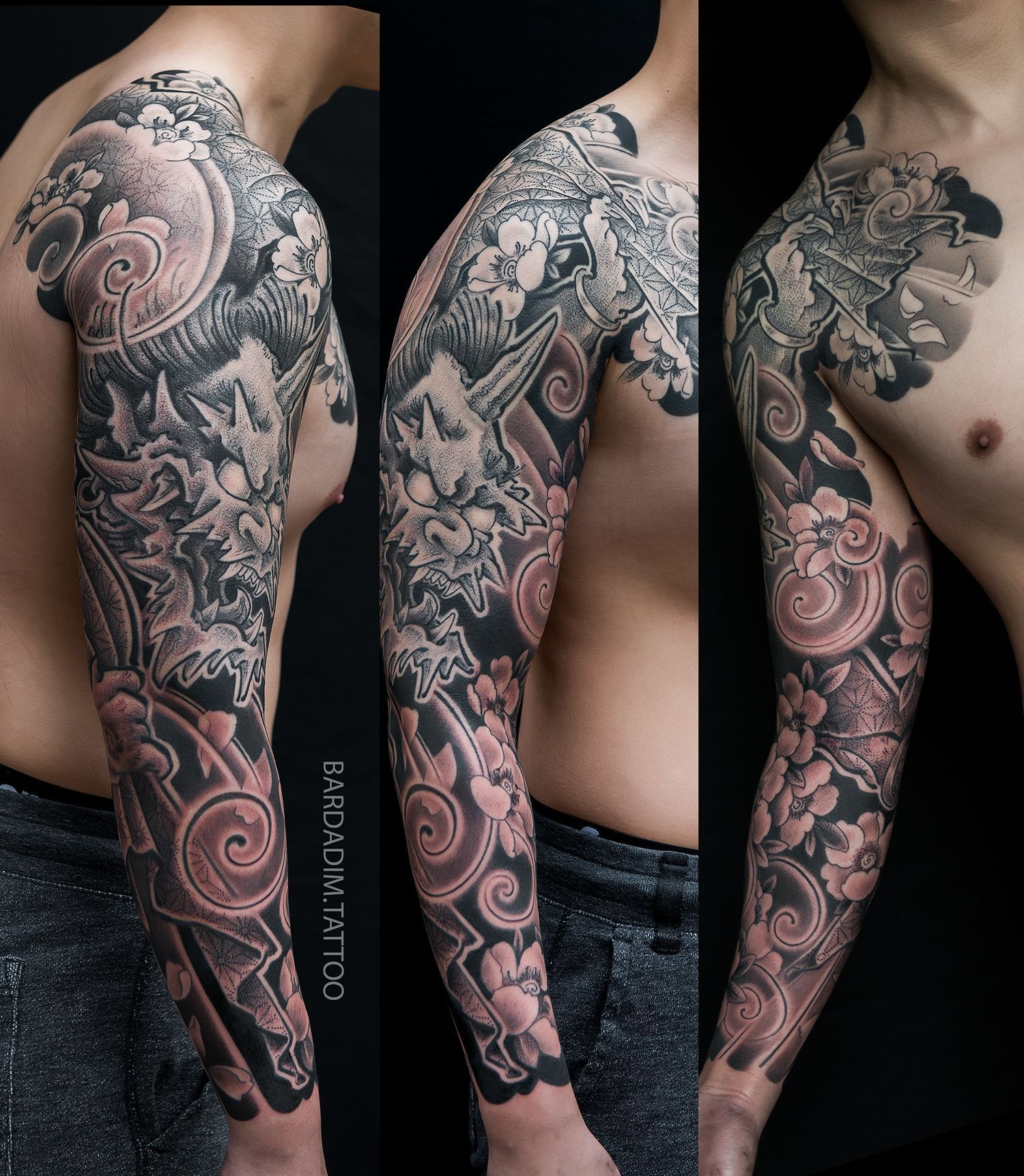 Tattoo sleeve in black and grey, featuring swirling clouds, flowers, and an ornate design covering arm.