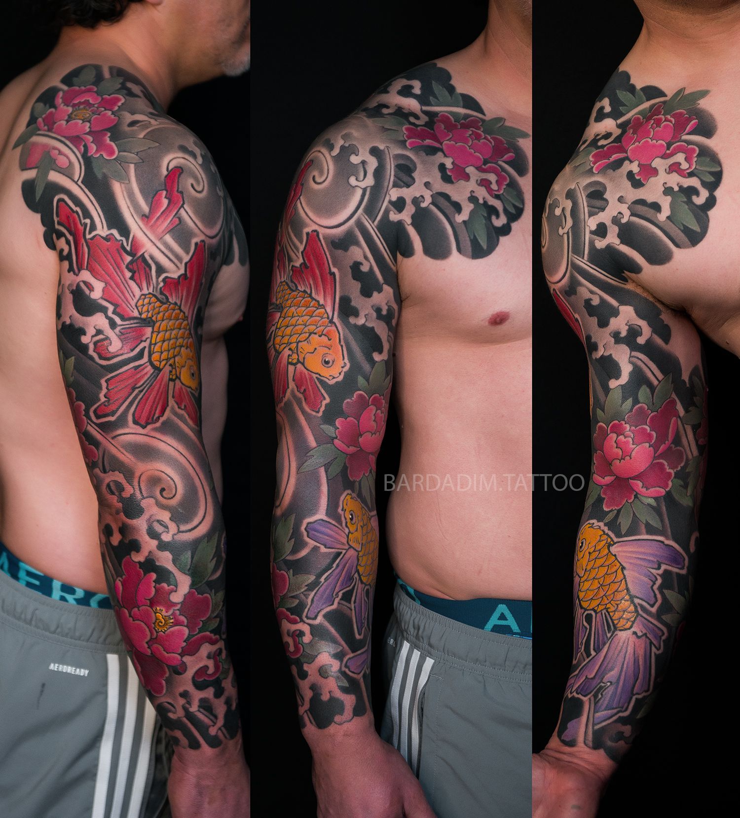 Full sleeve tattoo: colorful koi fish and flowers with black and gray wave patterns.