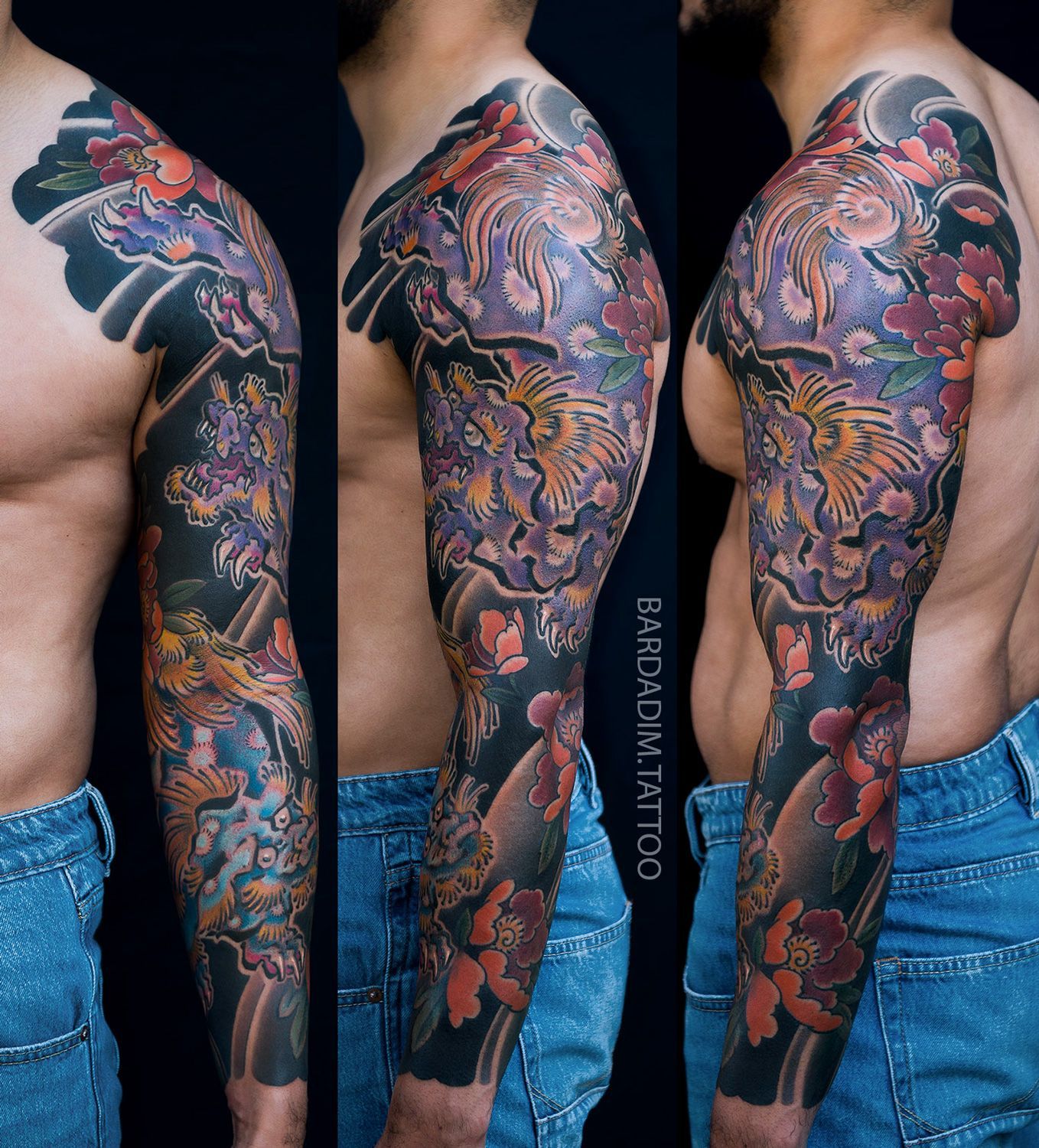 Man's arm with colorful dragon, flowers, and cloud tattoos; black background; wearing jeans.