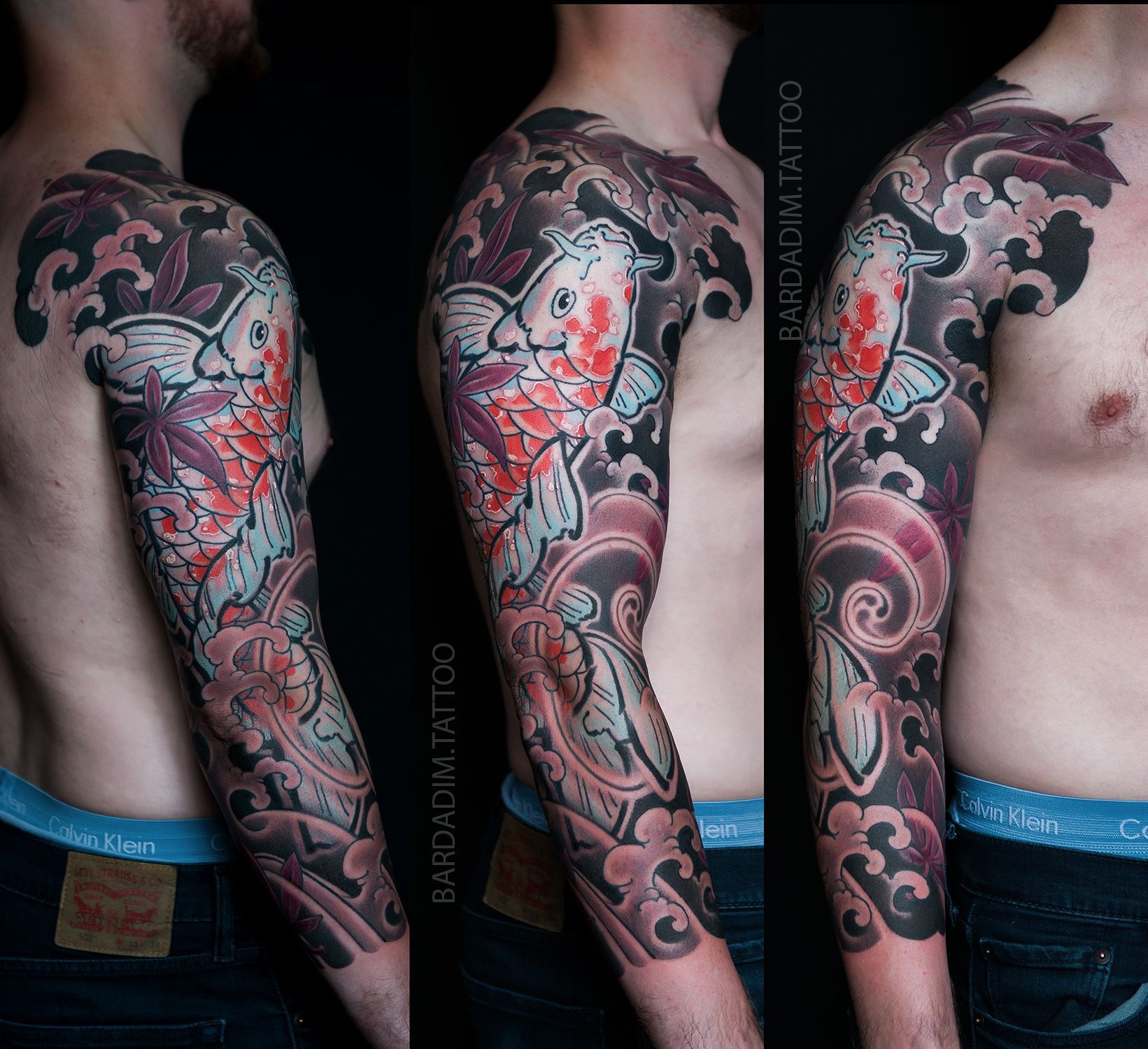 Tattoo of koi fish swimming through water and leaves on a person's arm.