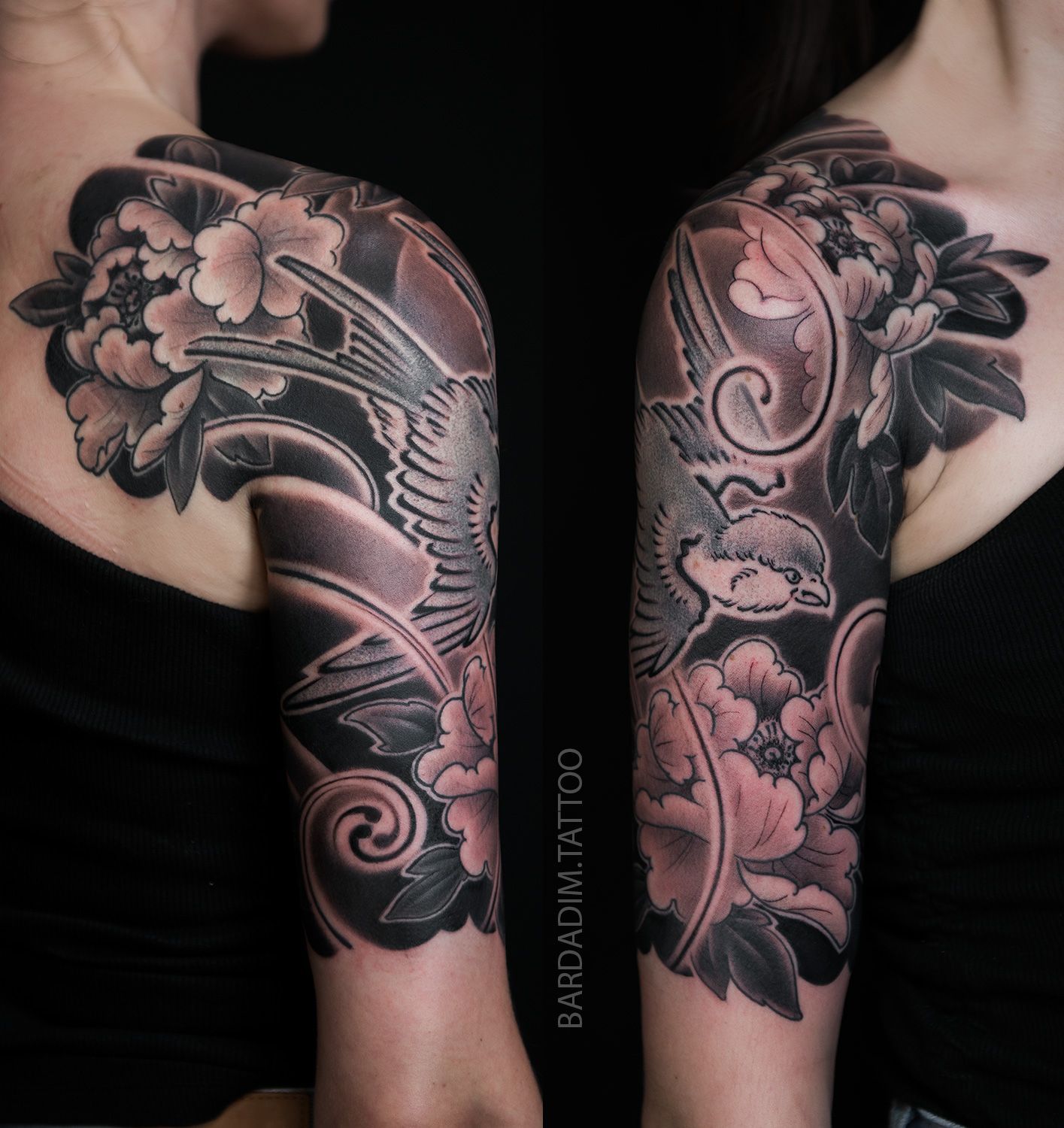 Tattoo sleeves on arms, featuring birds, flowers, and swirling designs, predominantly black and gray.
