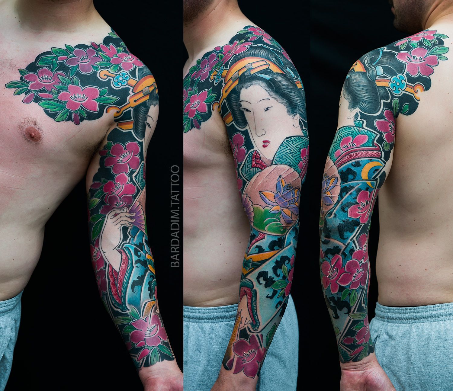Tattoo of a geisha, flowers, and waves on a person's chest and arm, colorful and detailed.